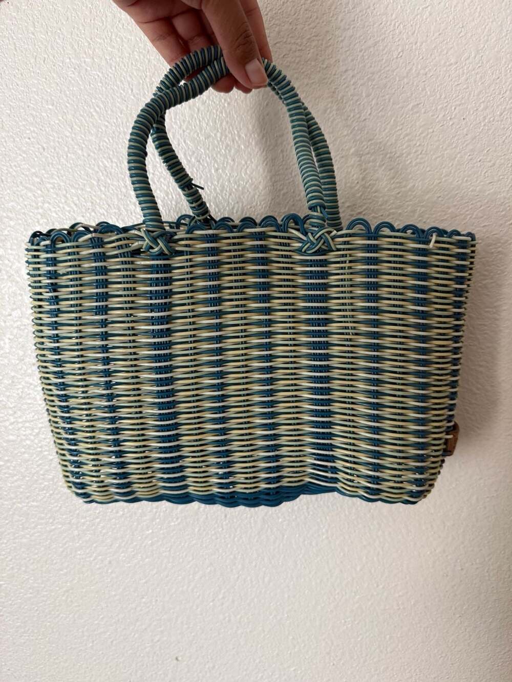 BCBGirls Max Azria Blue and Cream Woven Basket Tote Bag